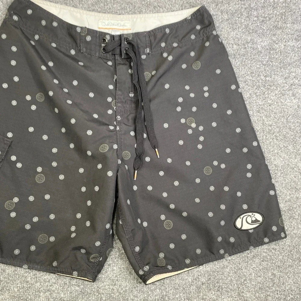 VTG Quiksilver Edition Mens Board Shorts 32 Charcoal Grey Ripstop AOP Print Surf